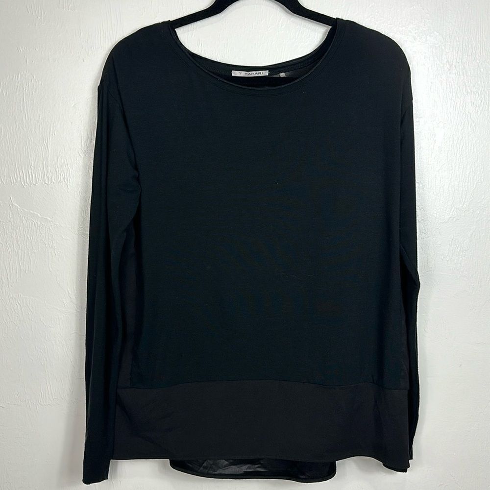 T Tahari Mixed Media Long Sleeve Round Neck Blouse Top Size S